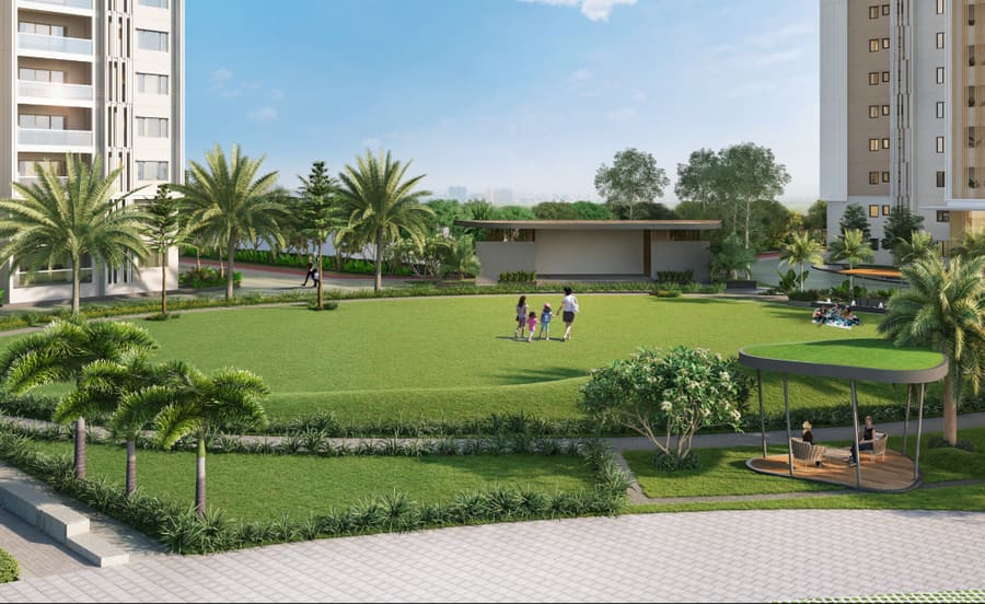 Central lawn with seating gazebo