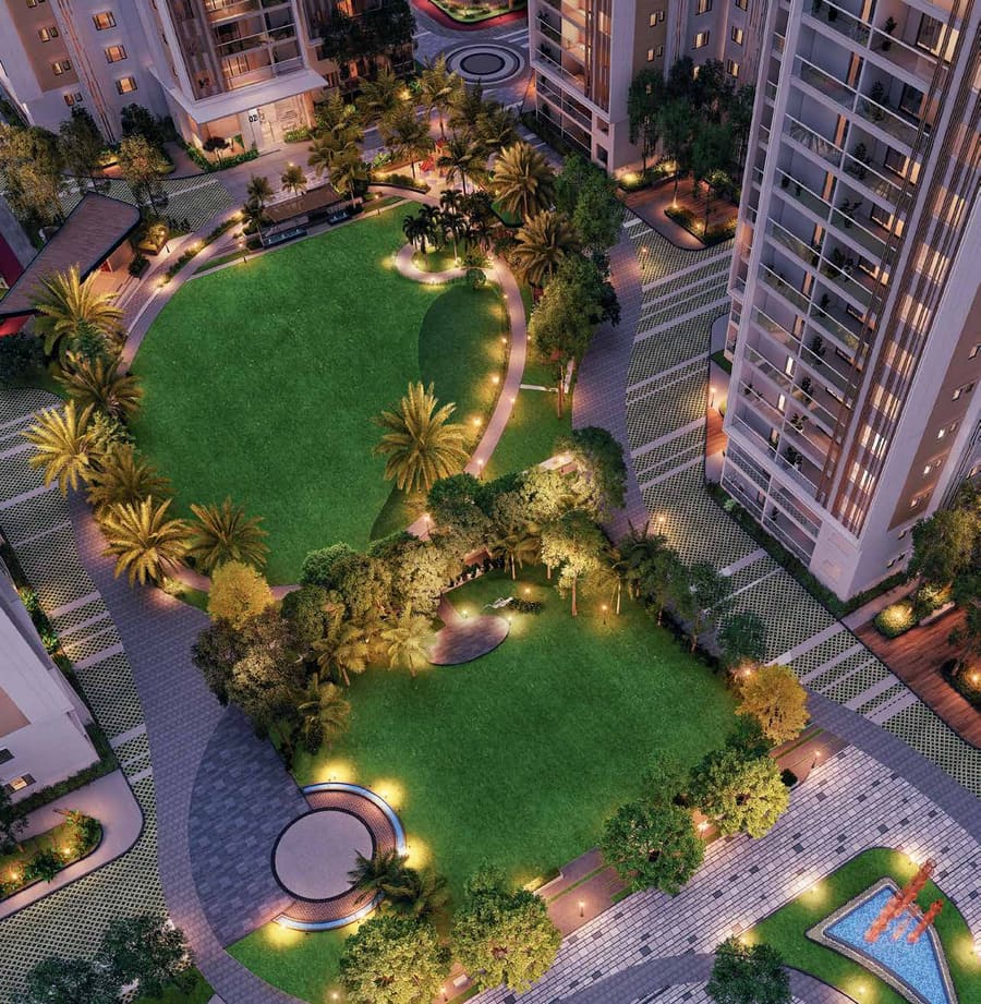 Aerial view of the central clubhouse lawn at night