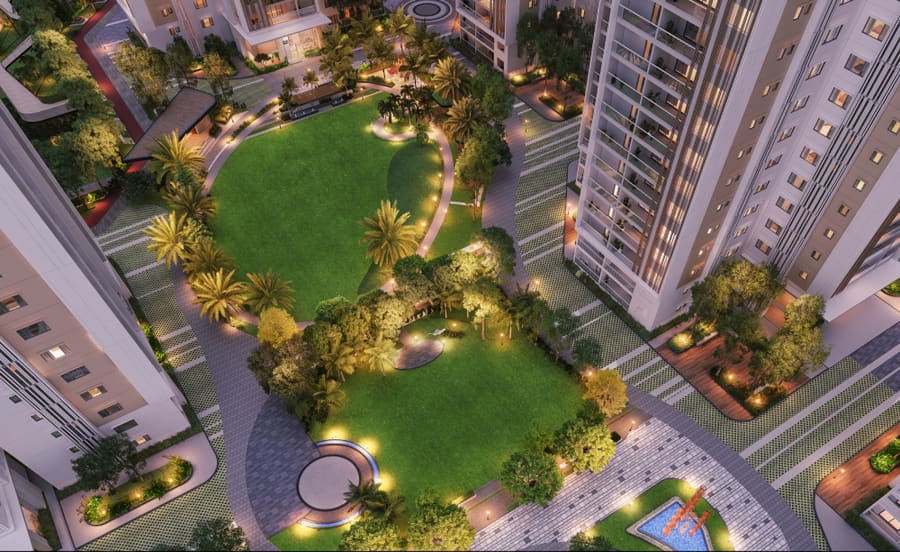 Aerial night view of the central landscaped courtyard