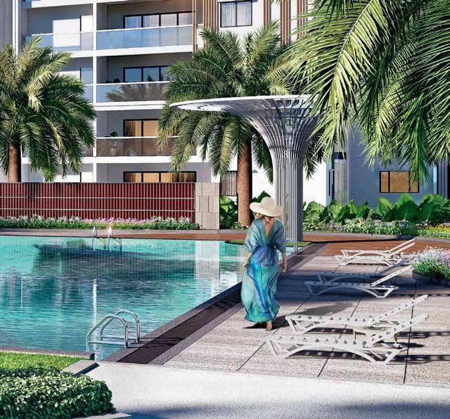 Pool deck with loungers overlooking the swimming pool
