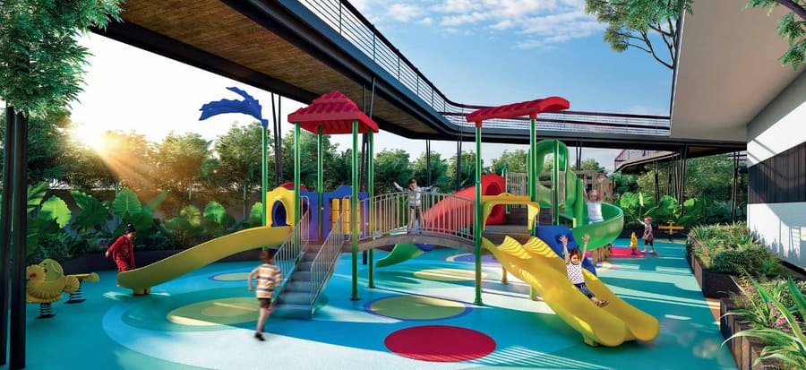Children's play area beneath the elevated walking bridge