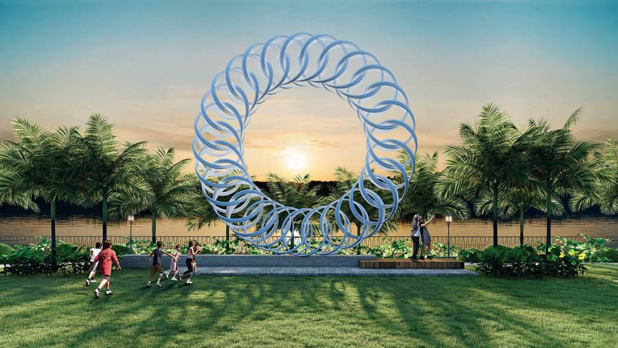 Ring sculpture installation overlooking Kokapet Lake