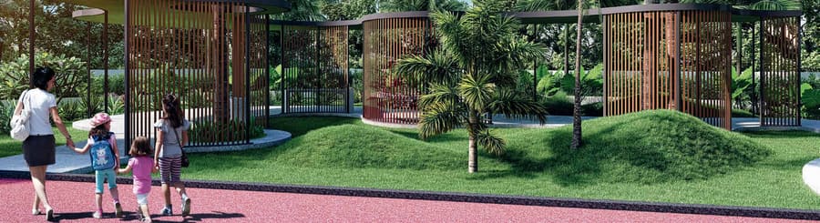 Landscaped walkway through the grounds