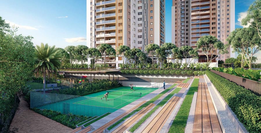 Tennis court with towers in the background
