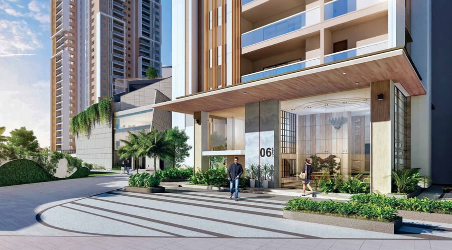 Tower entrance lobby with landscaped approach