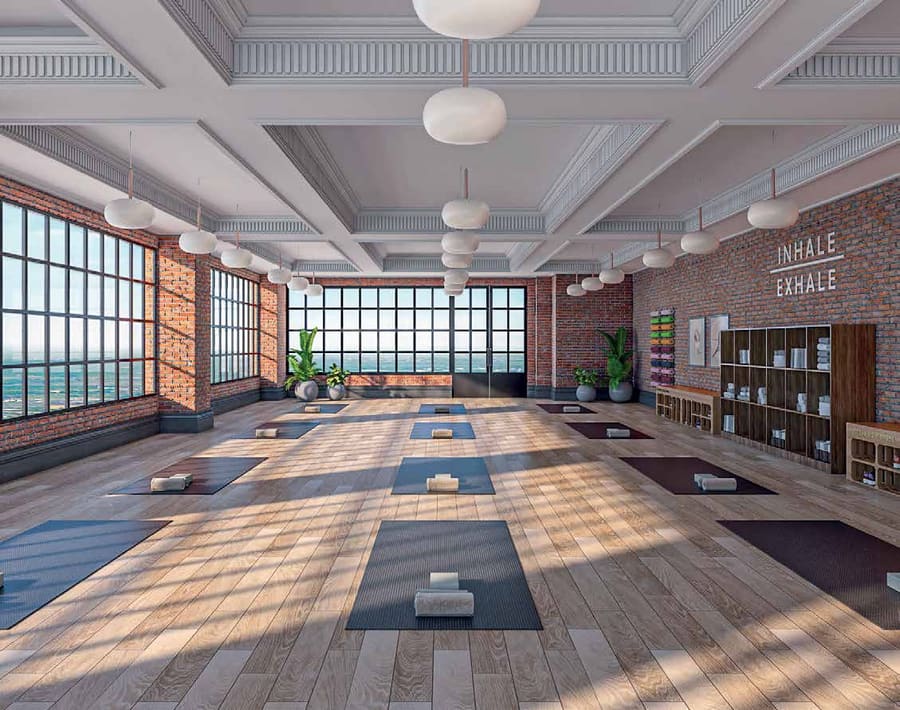 Yoga studio with floor-to-ceiling windows